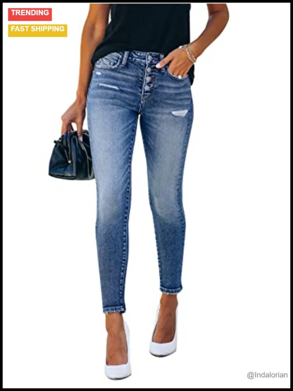 High Rise Skinny Ripped Distressed Stretch Jeans Women's Raw Hem Denim Pants